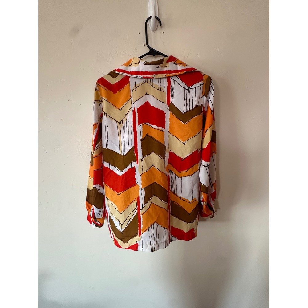 Vintage Lady Manhattan 70s Abstract Chevron Dagger Collar Blouse Orange Red - Picture 14 of 15